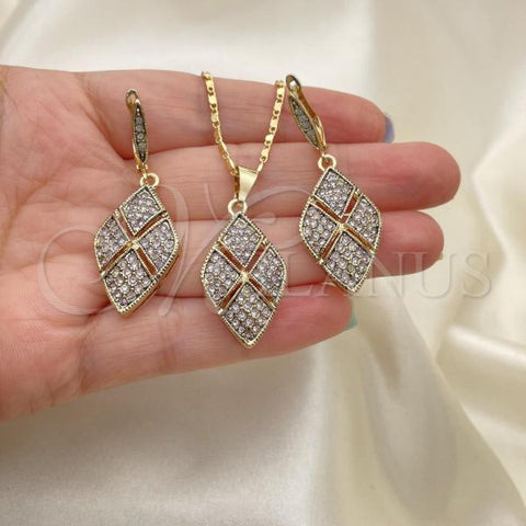 Oro Laminado Earring and Pendant Adult Set, Gold Filled Style with White Crystal, Polished, Golden Finish, 10.314.0005.1