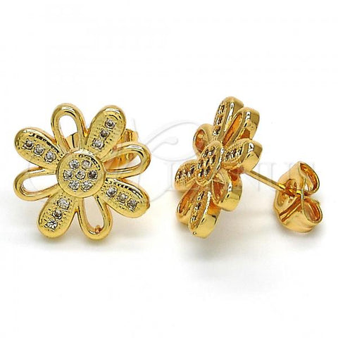 Oro Laminado Stud Earring, Gold Filled Style Flower Design, with White Micro Pave, Polished, Golden Finish, 02.284.0018