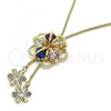 Oro Laminado Fancy Necklace, Gold Filled Style Flower Design, with Multicolor Cubic Zirconia, Polished, Golden Finish, 04.347.0011.20