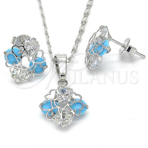Rhodium Plated Earring and Pendant Adult Set, Heart Design, with Turquoise and White Cubic Zirconia, Polished, Rhodium Finish, 10.106.0013.3