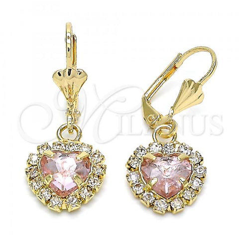 Oro Laminado Dangle Earring, Gold Filled Style Heart Design, with Rose and White Crystal, Polished, Golden Finish, 02.122.0114.2