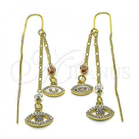 Oro Laminado Threader Earring, Gold Filled Style Evil Eye Design, with White and Amethyst Micro Pave, Polished, Tricolor, 02.253.0057