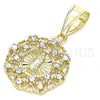 Oro Laminado Fancy Pendant, Gold Filled Style Guadalupe and Heart Design, with White Cubic Zirconia, Polished, Golden Finish, 05.253.0070