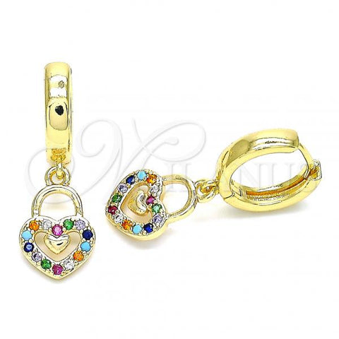 Oro Laminado Huggie Hoop, Gold Filled Style key Design, with Multicolor Micro Pave, Polished, Golden Finish, 02.210.0540.1.15