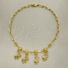 Oro Laminado Charm Anklet , Gold Filled Style Elephant and Paperclip Design, Polished, Golden Finish, 03.32.0613.10