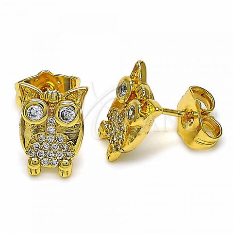 Oro Laminado Stud Earring, Gold Filled Style Owl Design, with White Cubic Zirconia, Polished, Golden Finish, 02.344.0036