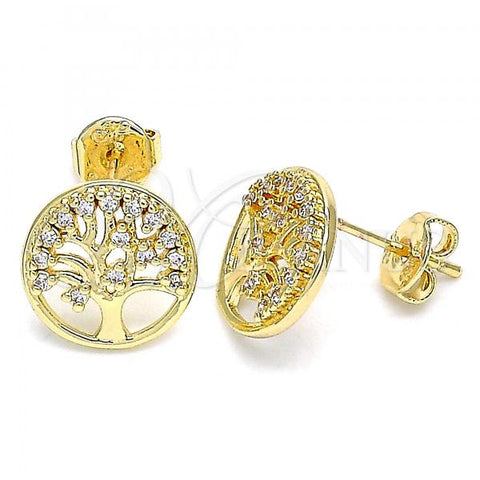 Oro Laminado Stud Earring, Gold Filled Style Tree Design, with White Micro Pave, Polished, Golden Finish, 02.156.0450