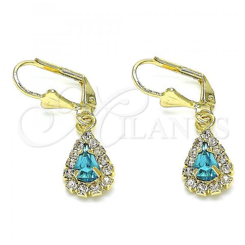 Oro Laminado Leverback Earring, Gold Filled Style Teardrop Design, with Blue Topaz and White Crystal, Polished, Golden Finish, 02.122.0116.8