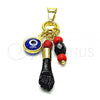 Oro Laminado Religious Pendant, Gold Filled Style Figa Hand and Evil Eye Design, Blue Resin Finish, Golden Finish, 05.63.1166.1