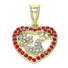 Oro Laminado Fancy Pendant, Gold Filled Style Heart and Butterfly Design, with Garnet and White Crystal, Polished, Golden Finish, 05.253.0095