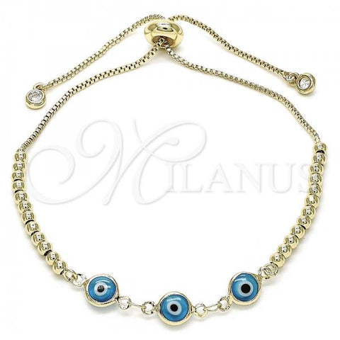 Oro Laminado Adjustable Bolo Bracelet, Gold Filled Style Evil Eye and Ball Design, with White Cubic Zirconia, Turquoise Resin Finish, Golden Finish, 03.63.2216.2.11