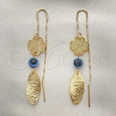 Oro Laminado Threader Earring, Gold Filled Style Evil Eye and Four-leaf Clover Design, Polished, Golden Finish, 02.02.0520
