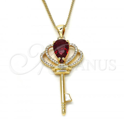 Oro Laminado Pendant Necklace, Gold Filled Style key Design, with Garnet Cubic Zirconia and White Micro Pave, Polished, Golden Finish, 04.156.0177.20