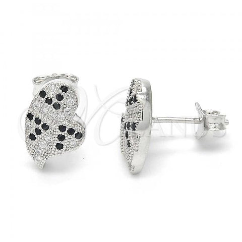 Sterling Silver Stud Earring, Heart Design, with Black and White Micro Pave, Polished, Rhodium Finish, 02.186.0074