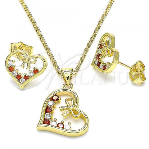 Oro Laminado Earring and Pendant Adult Set, Gold Filled Style Heart and Bow Design, with Garnet and White Cubic Zirconia, Polished, Golden Finish, 10.195.0056.1
