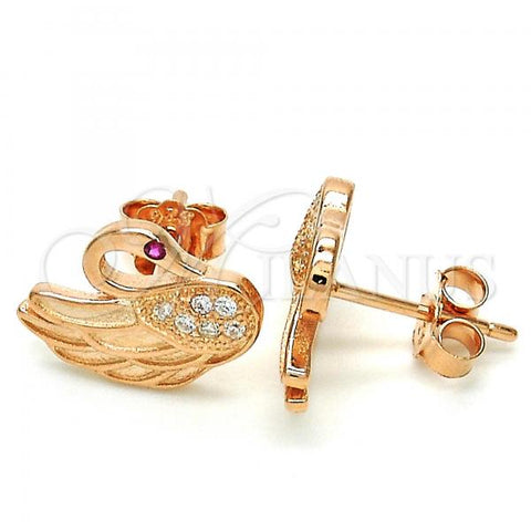Sterling Silver Stud Earring, Swan Design, with Ruby and White Micro Pave, Polished, Rose Gold Finish, 02.336.0105.1
