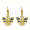 Oro Laminado Leverback Earring, Gold Filled Style Bee Design, with Multicolor Micro Pave, Polished, Golden Finish, 02.210.0378.3