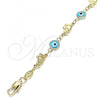 Oro Laminado Fancy Anklet, Gold Filled Style Evil Eye and Elephant Design, Turquoise Resin Finish, Golden Finish, 03.326.0010.3.10