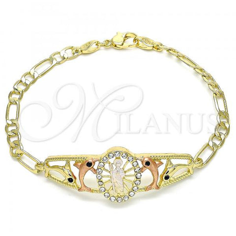 Oro Laminado Fancy Bracelet, Gold Filled Style San Judas and Dolphin Design, with White and Black Crystal, Polished, Tricolor, 03.380.0043.08