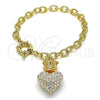Oro Laminado Charm Bracelet, Gold Filled Style Heart and Crown Design, with White Crystal, Polished, Golden Finish, 03.63.2211.08