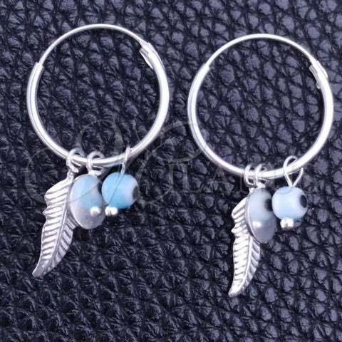 Sterling Silver Small Hoop, Evil Eye and Flower Design, with Aqua Blue Crystal, Polished, Silver Finish, 02.401.0036.15