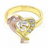 Oro Laminado Multi Stone Ring, Gold Filled Style Dolphin and Heart Design, with White Crystal, Polished, Tricolor, 01.351.0001.07 (Size 7)