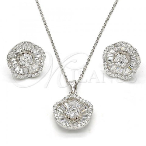 Sterling Silver Earring and Pendant Adult Set, Flower Design, with White Cubic Zirconia and White Crystal, Polished, Rhodium Finish, 10.174.0229