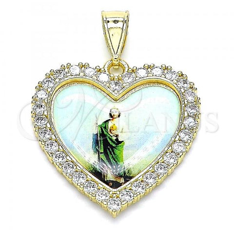 Oro Laminado Religious Pendant, Gold Filled Style San Judas and Heart Design, with White Cubic Zirconia, Polished, Golden Finish, 05.253.0122