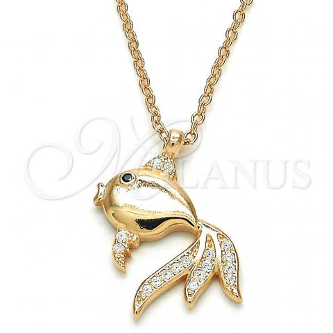 Sterling Silver Pendant Necklace, Fish Design, with White and Black Micro Pave, Polished, Rose Gold Finish, 04.336.0057.1.16