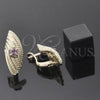 Oro Laminado Leverback Earring, Gold Filled Style with Rose Cubic Zirconia, Diamond Cutting Finish, Golden Finish, 5.127.039