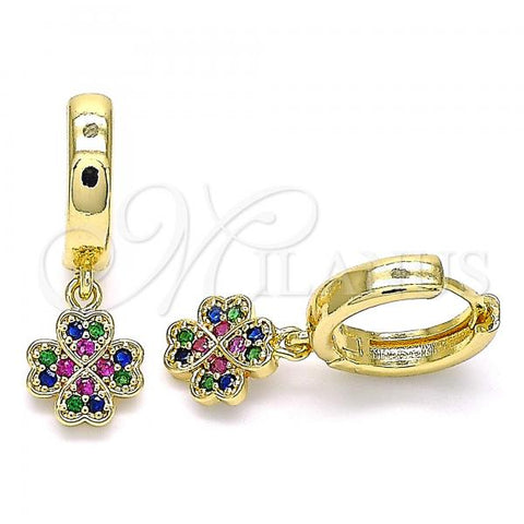 Oro Laminado Huggie Hoop, Gold Filled Style Four-leaf Clover Design, with Multicolor Micro Pave, Polished, Golden Finish, 02.210.0517.1.15