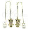 Oro Laminado Threader Earring, Gold Filled Style Owl Design, with Black and White Micro Pave, Polished, Golden Finish, 02.210.0812