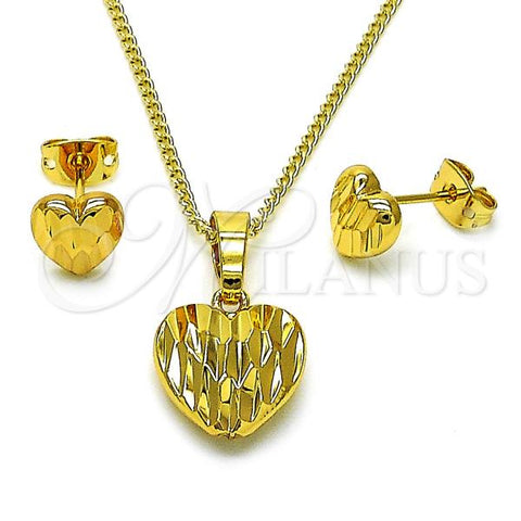 Oro Laminado Earring and Pendant Adult Set, Gold Filled Style Heart Design, Diamond Cutting Finish, Golden Finish, 10.342.0179