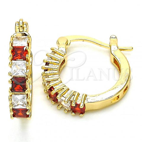Oro Laminado Small Hoop, Gold Filled Style with Garnet and White Cubic Zirconia, Polished, Golden Finish, 02.210.0280.1.15