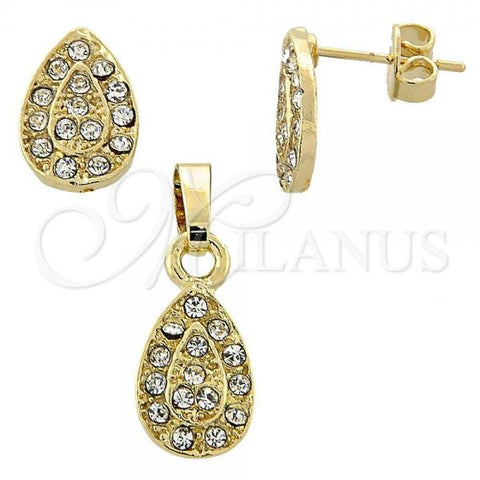 Oro Laminado Earring and Pendant Adult Set, Gold Filled Style Teardrop Design, with White Crystal, Polished, Golden Finish, 10.164.0016