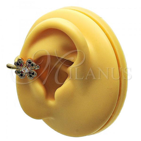 Oro Laminado Earcuff Earring, Gold Filled Style Four-leaf Clover Design, with Multicolor Micro Pave, Polished, Golden Finish, 02.210.0694.1