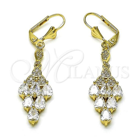 Oro Laminado Long Earring, Gold Filled Style Teardrop Design, with White Cubic Zirconia and White Micro Pave, Polished, Golden Finish, 02.210.0838