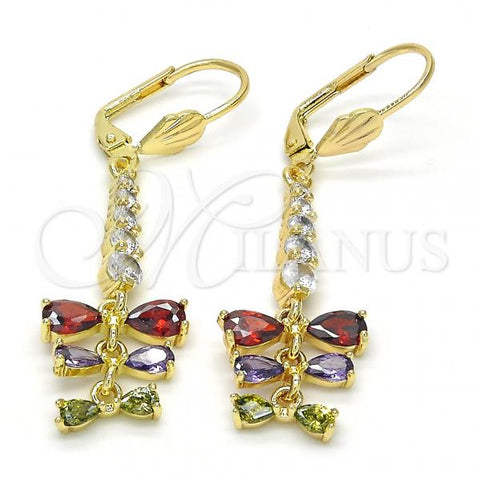 Oro Laminado Long Earring, Gold Filled Style Teardrop Design, with Multicolor Cubic Zirconia, Polished, Golden Finish, 02.210.0208.1