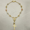 Oro Laminado Bracelet Rosary, Gold Filled Style Guadalupe and Cross Design, with White Micro Pave, Polished, Tricolor, 09.253.0071.08