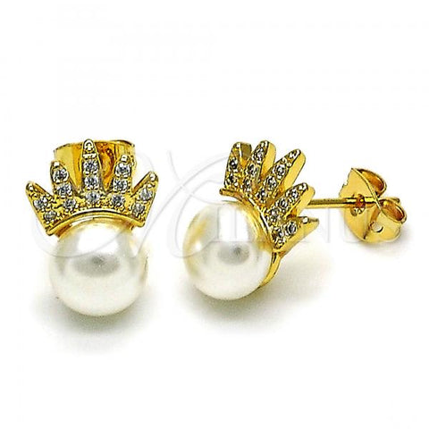 Oro Laminado Stud Earring, Gold Filled Style Crown Design, with Ivory Pearl and White Micro Pave, Polished, Golden Finish, 02.342.0239