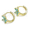 Oro Laminado Huggie Hoop, Gold Filled Style Flower Design, with Aqua Blue Cubic Zirconia, Polished, Golden Finish, 02.210.0496.1.15