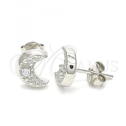 Sterling Silver Stud Earring, Moon Design, with White Cubic Zirconia, Polished, Rhodium Finish, 02.369.0036