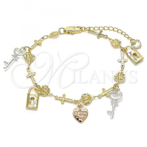Oro Laminado Charm Bracelet, Gold Filled Style Heart and key Design, Polished, Tricolor, 03.351.0114.07