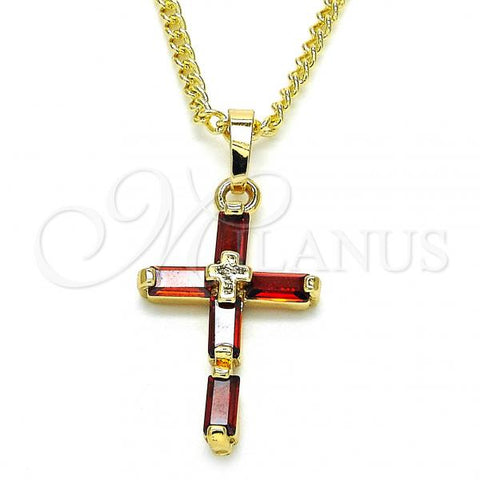 Oro Laminado Pendant Necklace, Gold Filled Style Cross Design, with Garnet Cubic Zirconia, Polished, Golden Finish, 04.284.0015.1.22