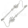 Sterling Silver Long Earring, Flower Design, with White Cubic Zirconia, Polished, Rhodium Finish, 02.183.0025