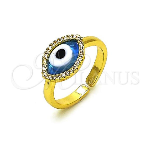 Oro Laminado Multi Stone Ring, Gold Filled Style Evil Eye Design, with Light Sapphire Crystal and White Micro Pave, Polished, Golden Finish, 01.341.0109.2