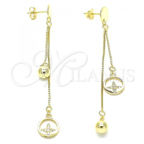 Sterling Silver Long Earring, Ball Design, with White Micro Pave, Polished, Golden Finish, 02.186.0198.1