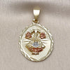 Oro Laminado Religious Pendant, Gold Filled Style Caridad del Cobre Design, Diamond Cutting Finish, Tricolor, 05.120.0098