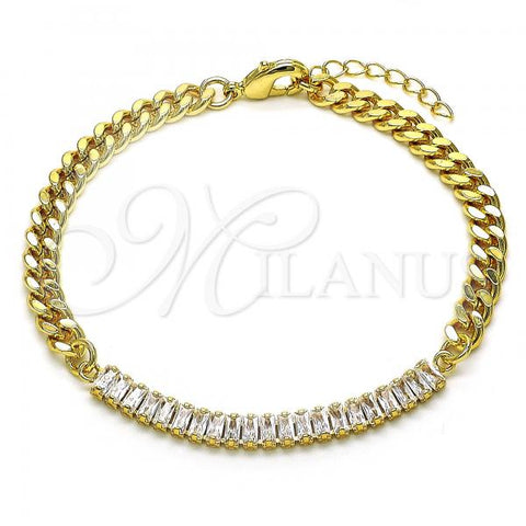 Oro Laminado Fancy Bracelet, Gold Filled Style Miami Cuban Design, with White Cubic Zirconia, Polished, Golden Finish, 03.130.0010.07