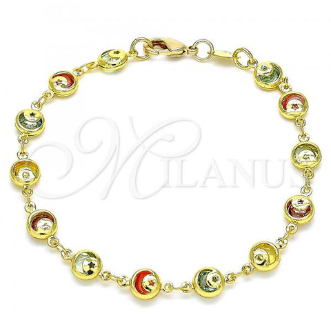 Oro Laminado Fancy Bracelet, Gold Filled Style Moon and Star Design, with Multicolor Cubic Zirconia, Polished, Golden Finish, 03.386.0001.07